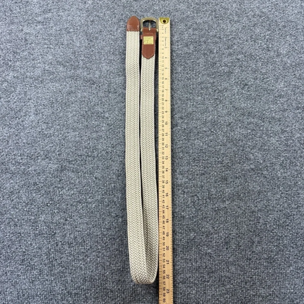 Beige Woven Stretch Belt Genuine Leather Trim Gold Buckle‎ Size L NWOT